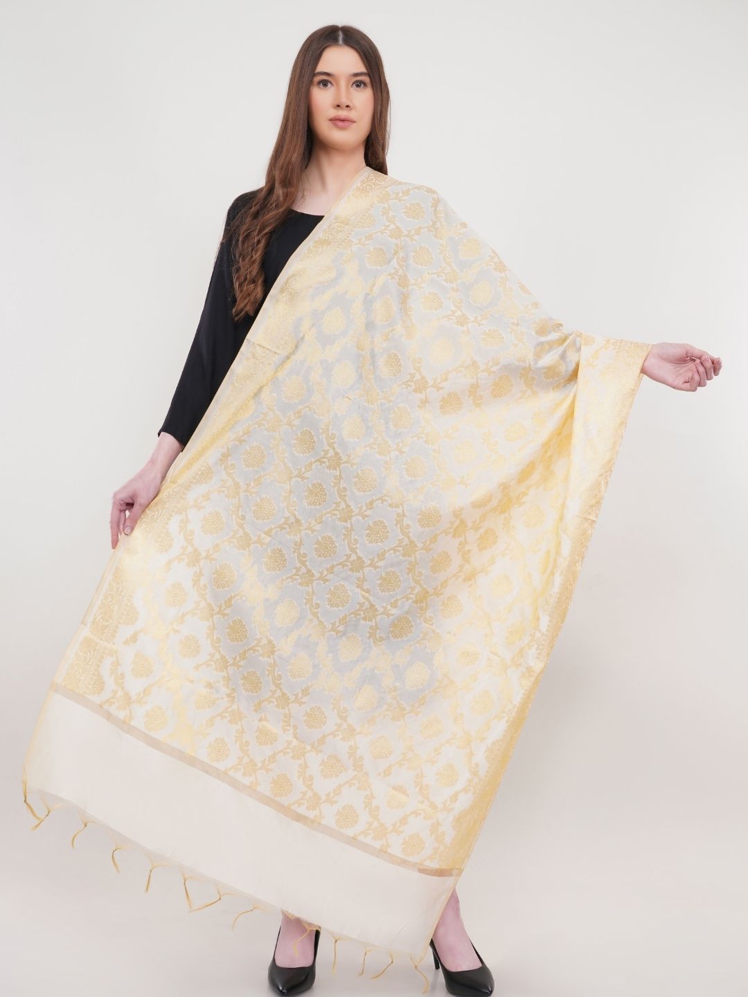 White Woven Design Gold Toned  Banarasi Silk Dupatta