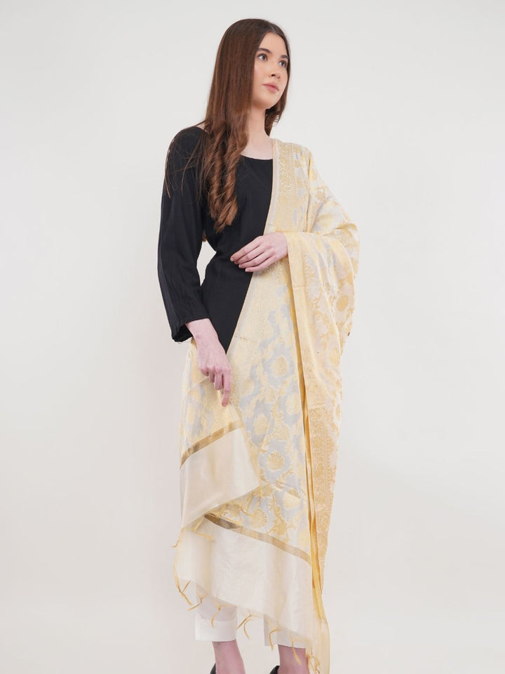 White Woven Design Gold Toned  Banarasi Silk Dupatta