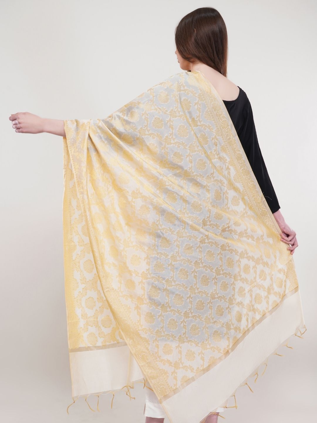 White Woven Design Gold Toned  Banarasi Silk Dupatta