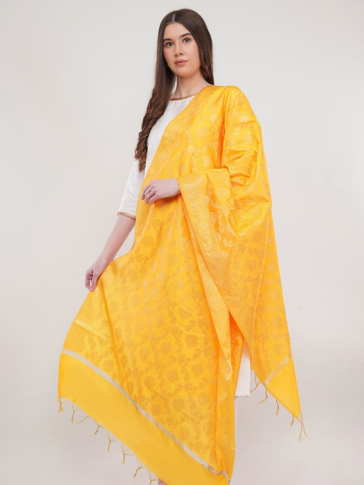 Yellow Woven Design Gold Toned Banarasi Silk Dupatta