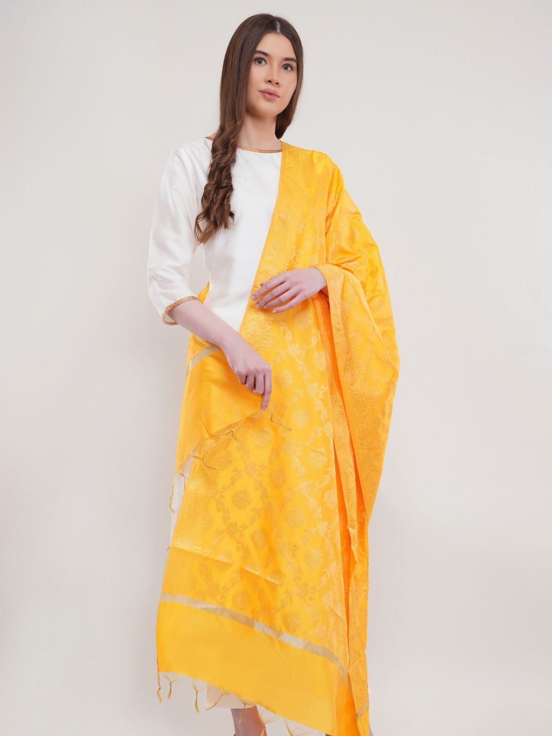 Yellow Woven Design Gold Toned Banarasi Silk Dupatta