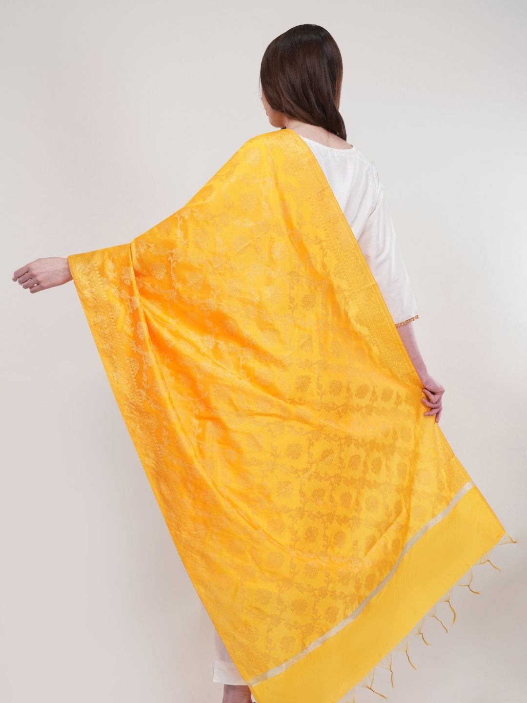 Yellow Woven Design Gold Toned Banarasi Silk Dupatta