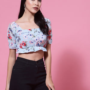 Blue  Floral Puff Sleeves Blouson Crop Top