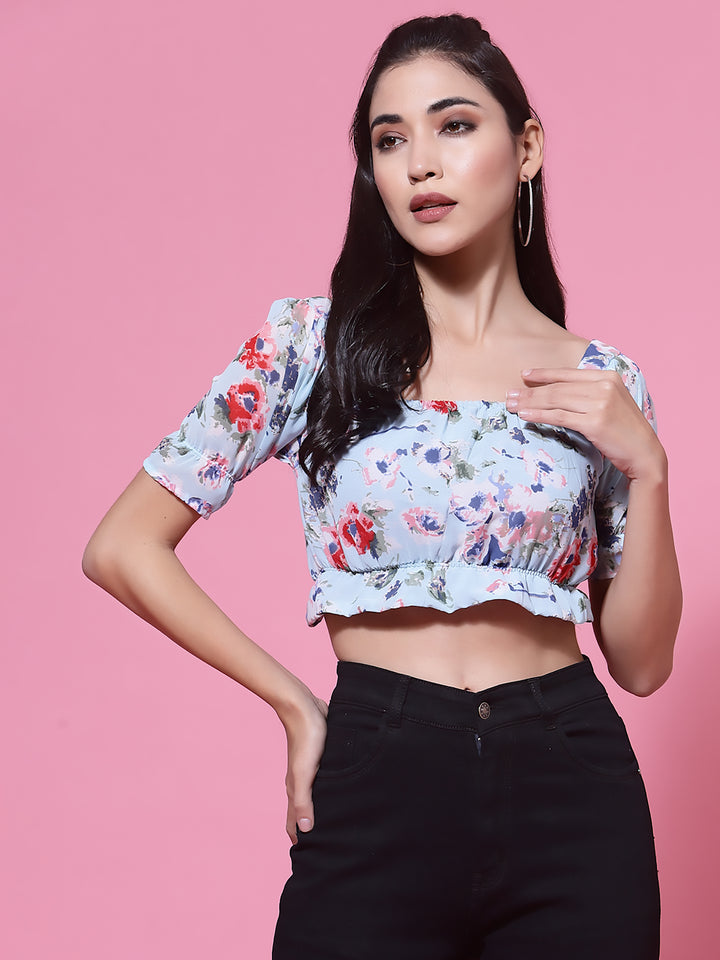 Blue  Floral Puff Sleeves Blouson Crop Top