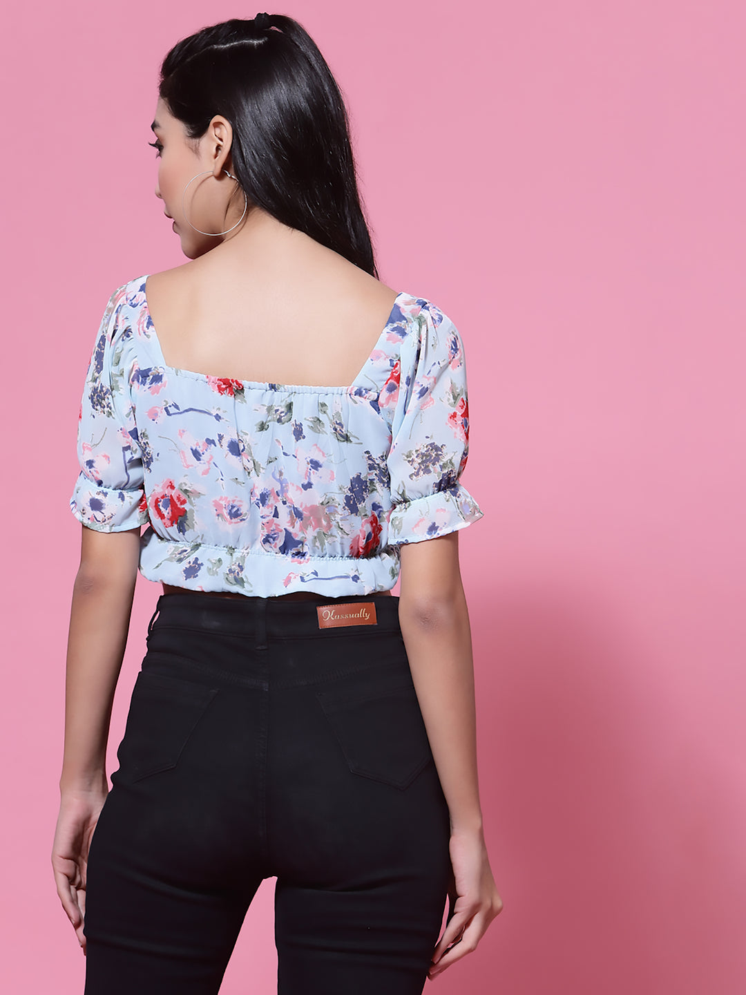 Blue  Floral Puff Sleeves Blouson Crop Top