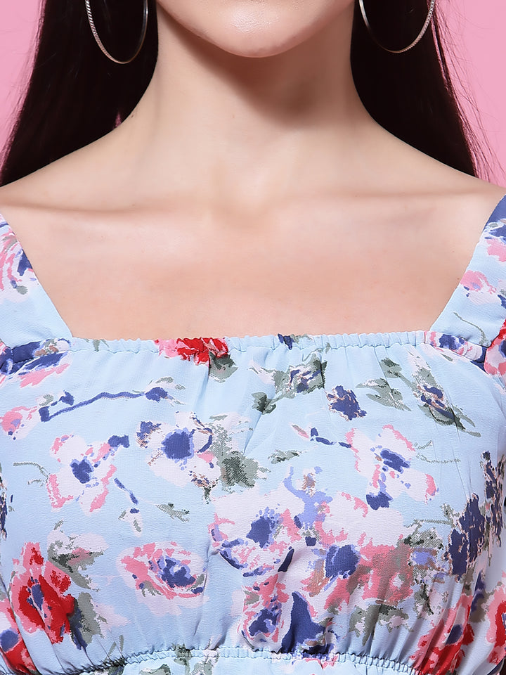 Blue  Floral Puff Sleeves Blouson Crop Top