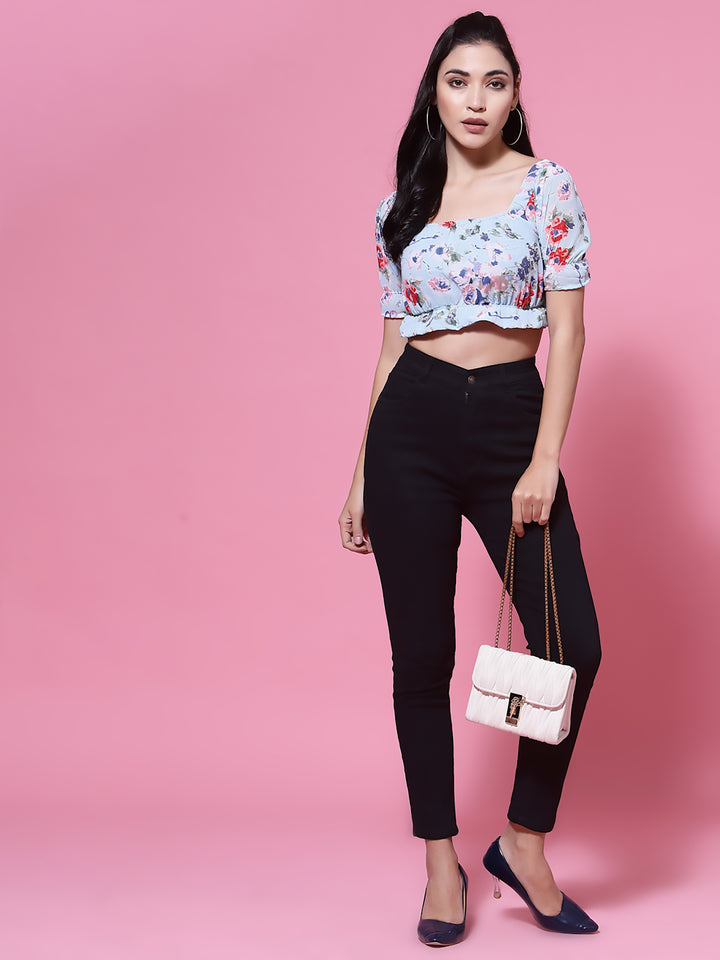 Blue  Floral Puff Sleeves Blouson Crop Top