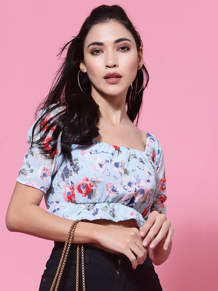 Blue  Floral Puff Sleeves Blouson Crop Top