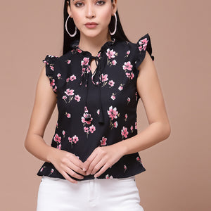 Black Floarl Print Flutter Sleeves Top