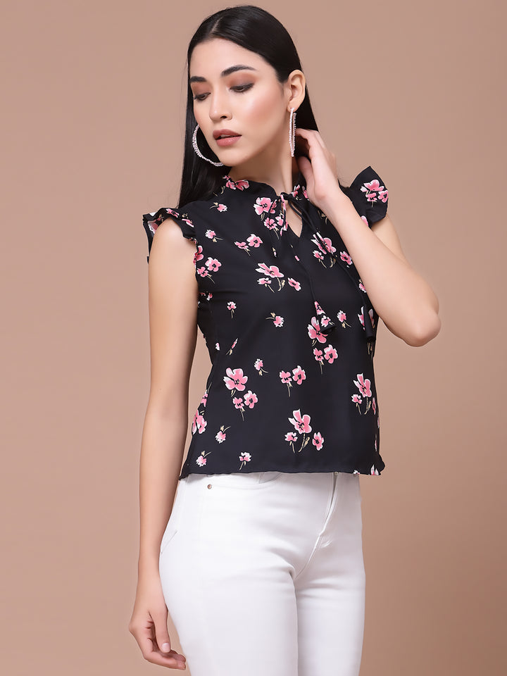 Black Floarl Print Flutter Sleeves Top