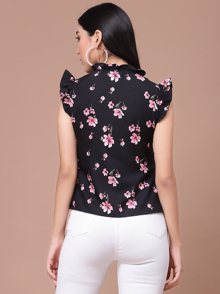 Black Floarl Print Flutter Sleeves Top