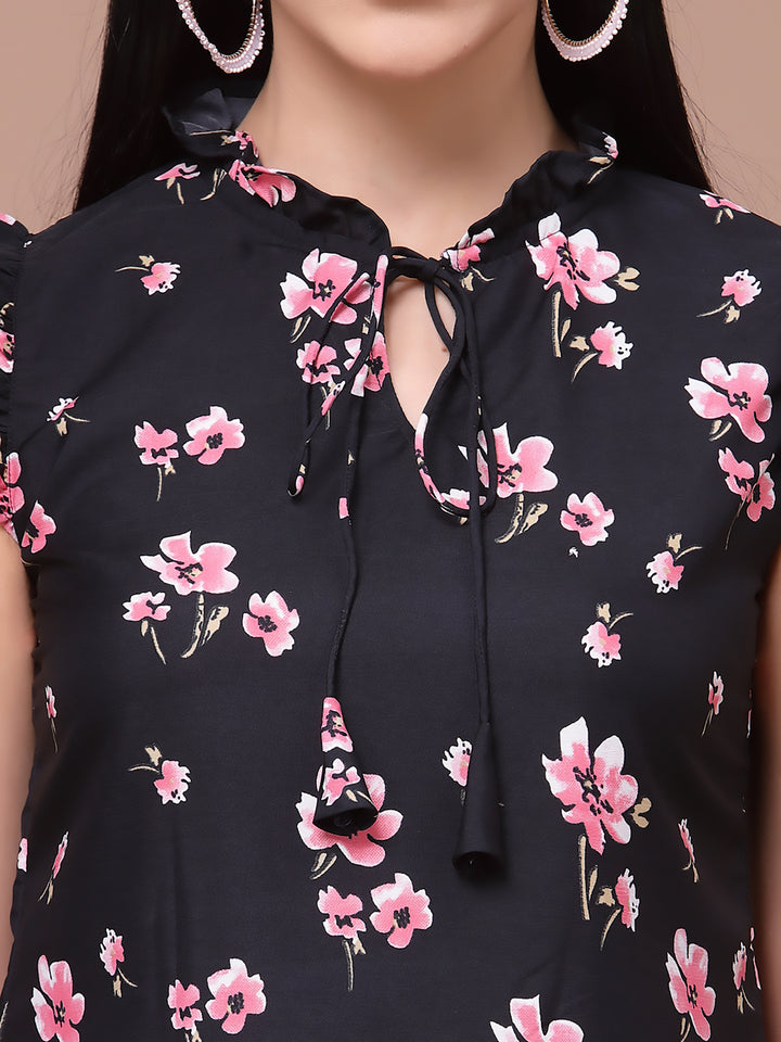 Black Floarl Print Flutter Sleeves Top