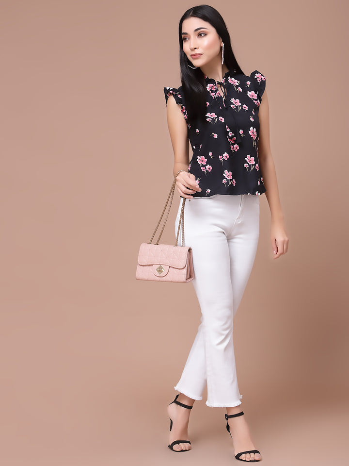 Black Floarl Print Flutter Sleeves Top