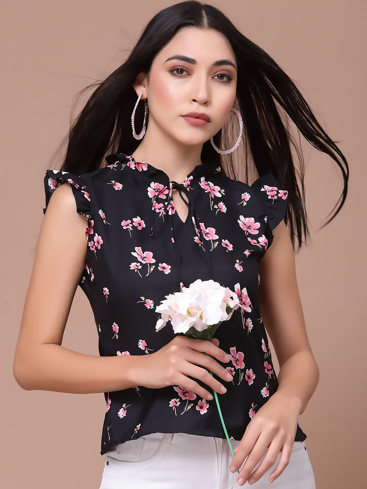 Black Floarl Print Flutter Sleeves Top