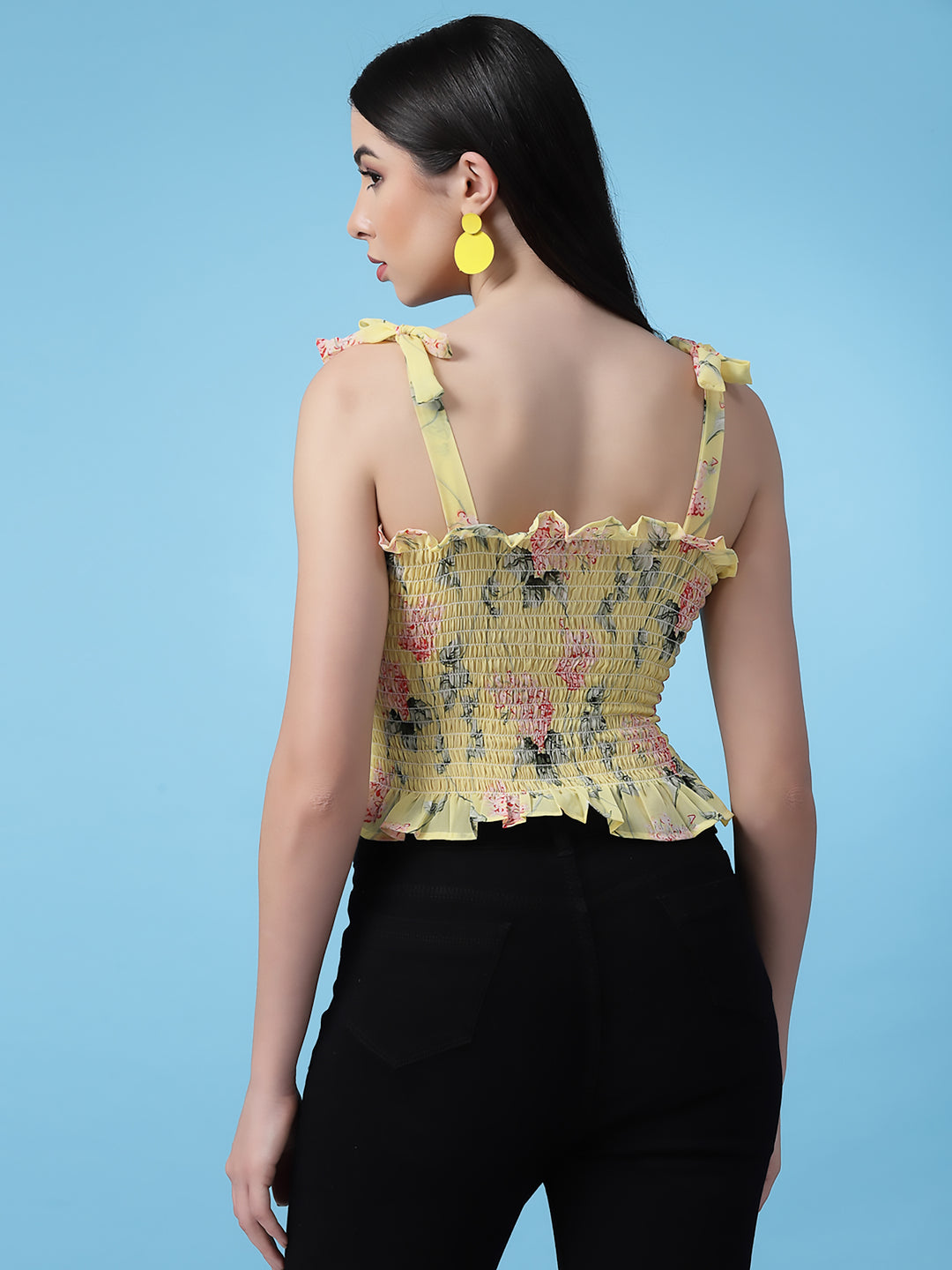 Yellow Floral Tie Up Sleeves top
