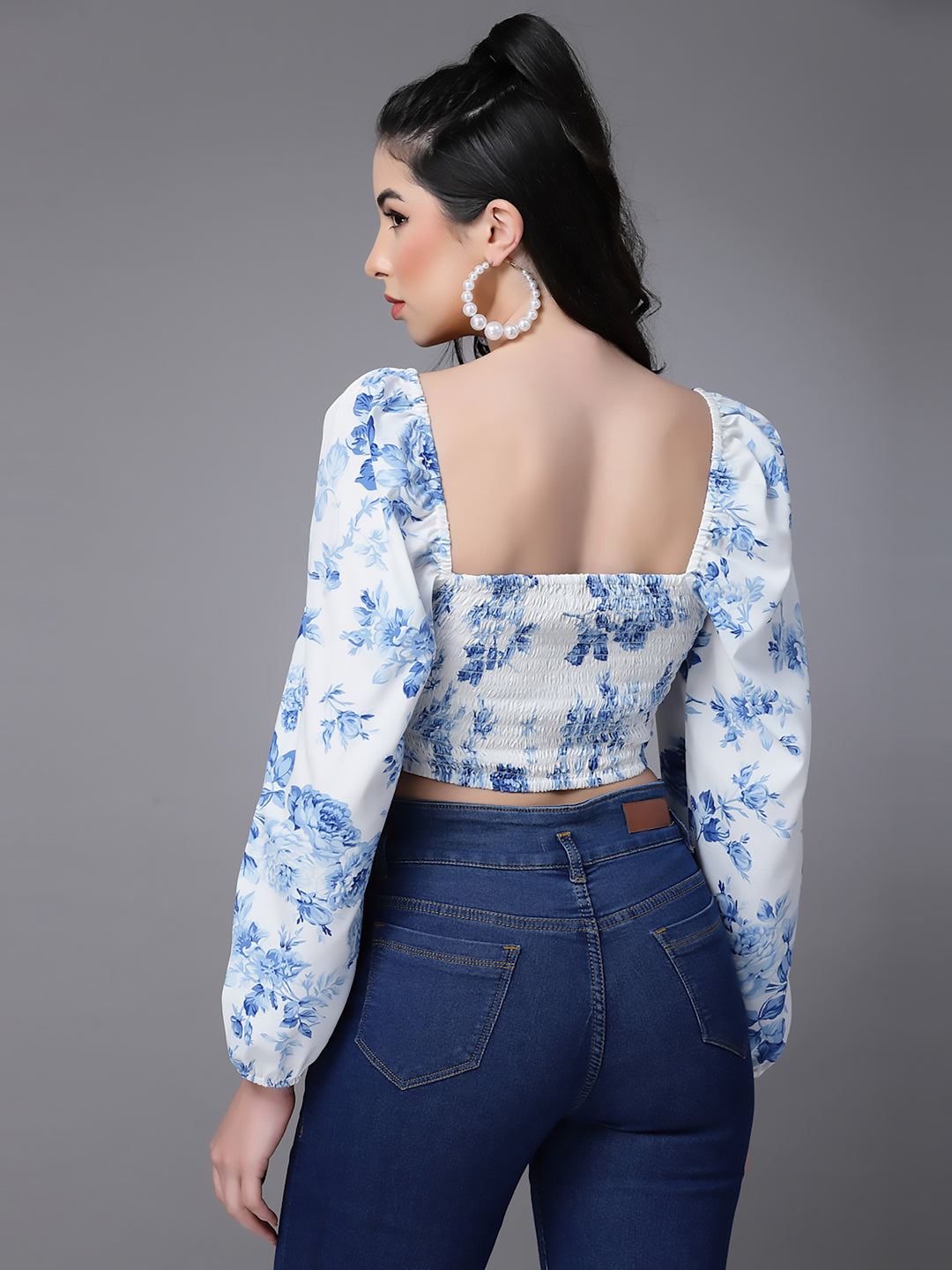 White Floral Fitted Ruffeled Neck Crop top