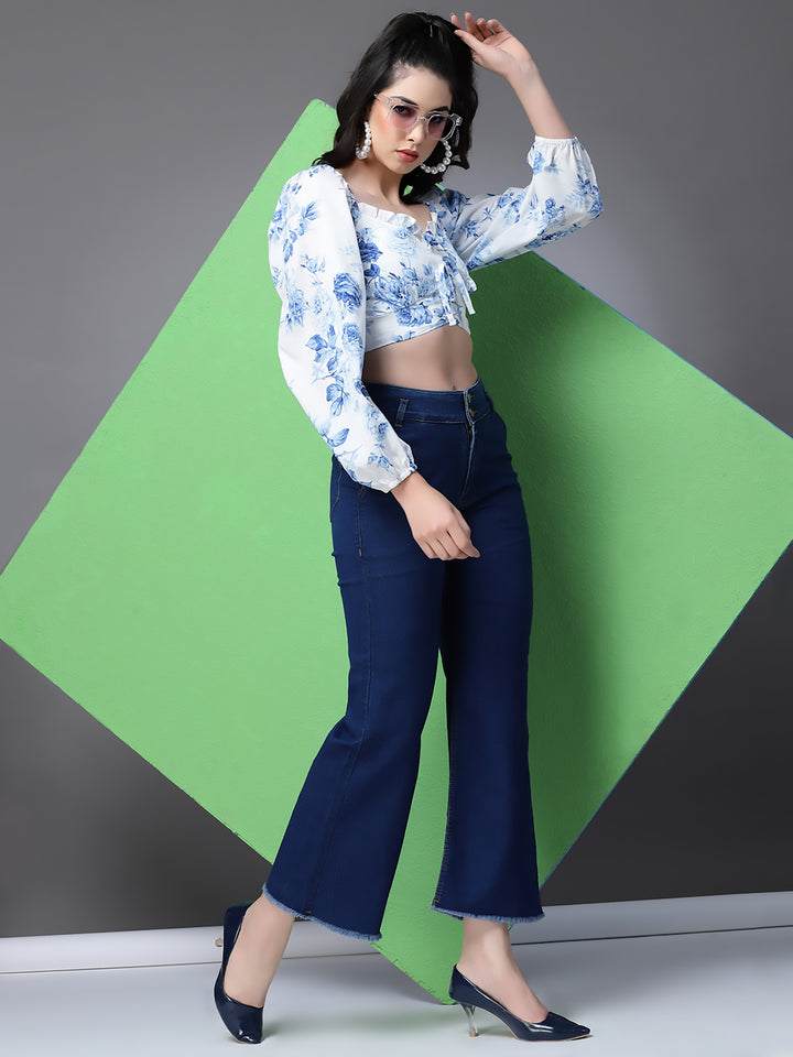 White Floral Fitted Ruffeled Neck Crop top