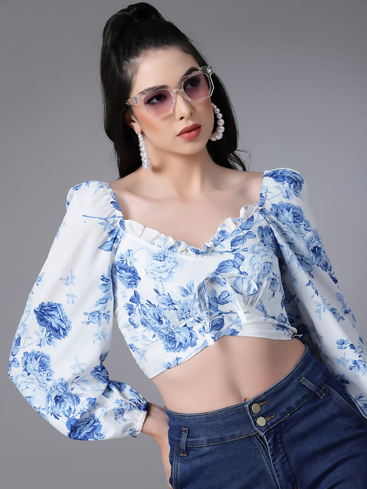 White Floral Fitted Ruffeled Neck Crop top
