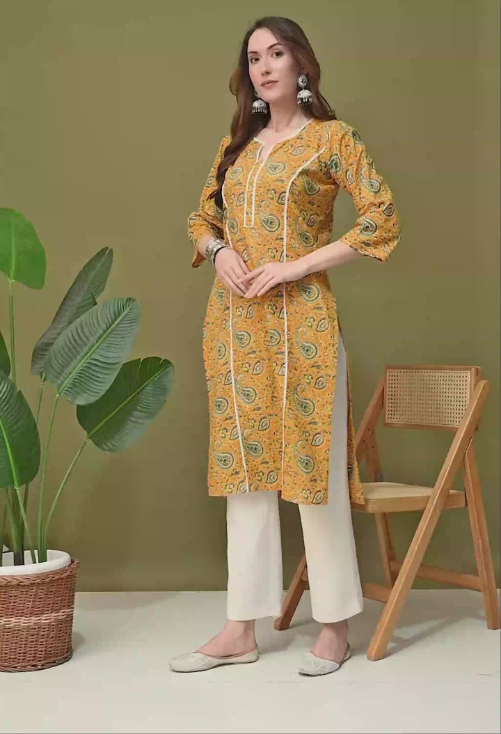 Yellow Printed Lace Work Cotton Kurta