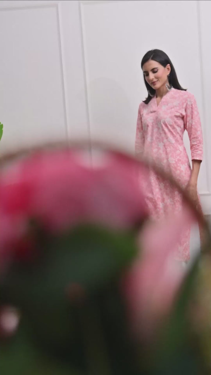 Pink Block Print Straight Cotton Kurta