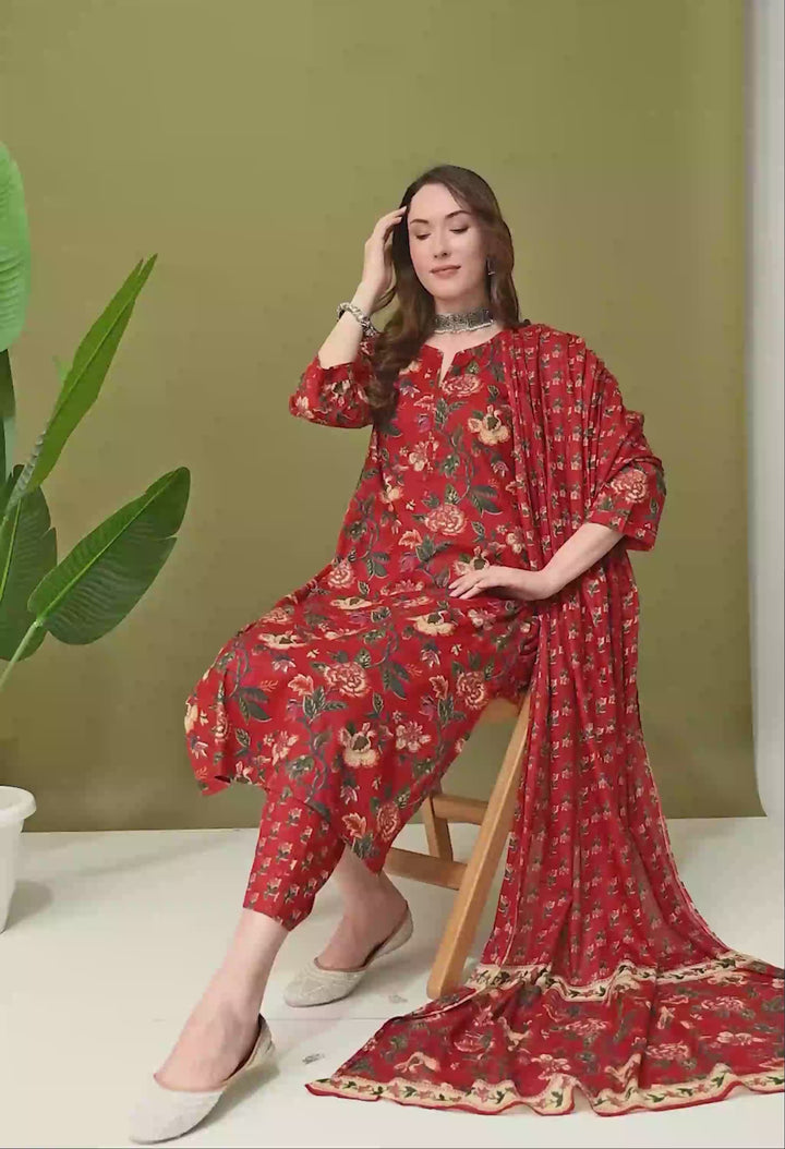 Maroon Floral Round Neck Kurta Sets