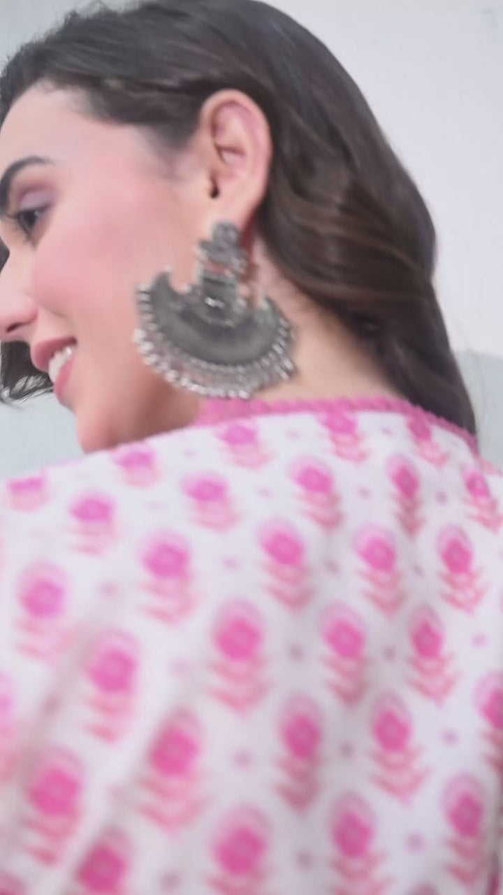 Pink Floral Lace Work Cotton Kurta