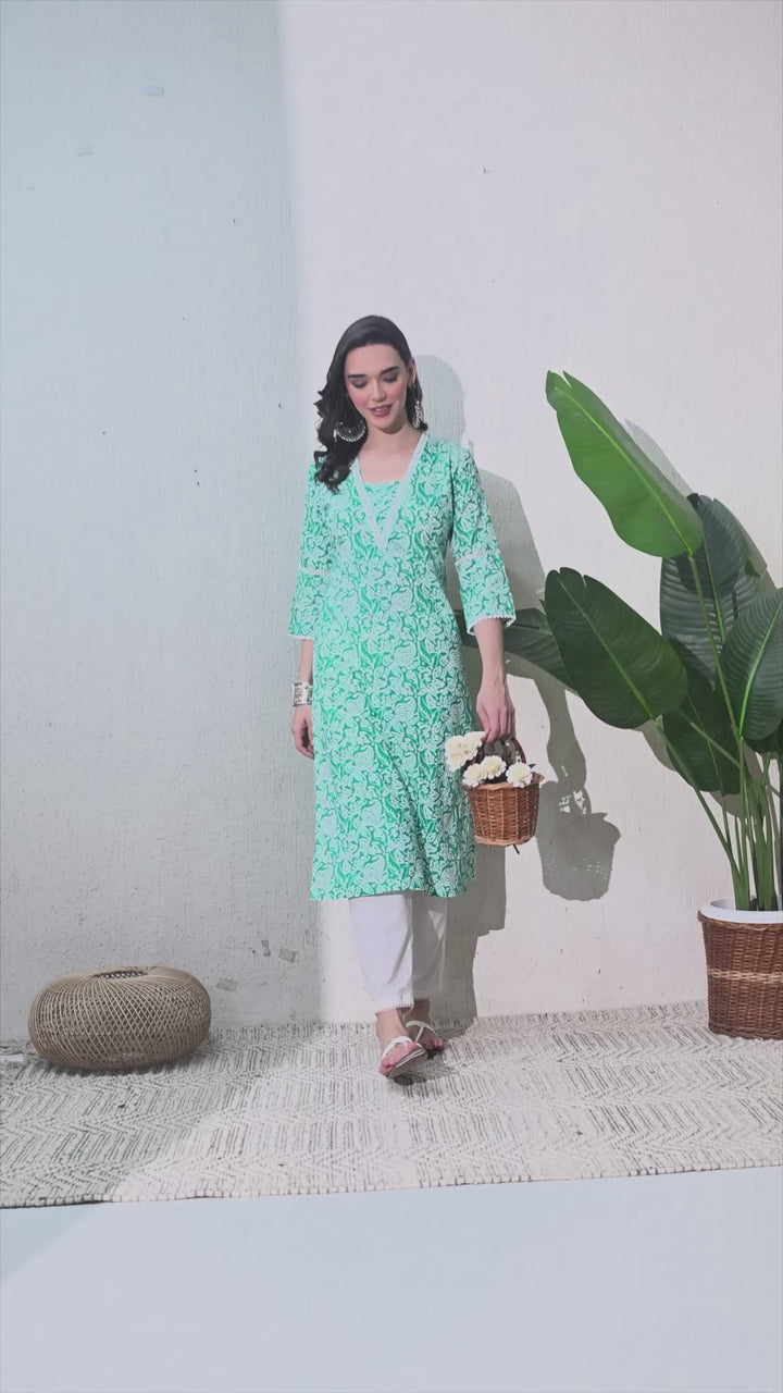 Green Lace Work Cotton Kurta