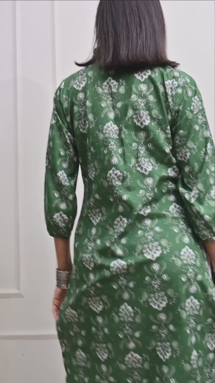 Green Hand Block Print Floral    Kurta