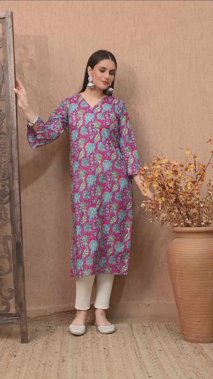 Pink Floral print Cotton Kurta