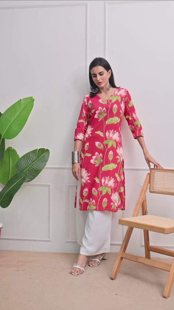 Red Floral Print V-neck Cotton Kurta