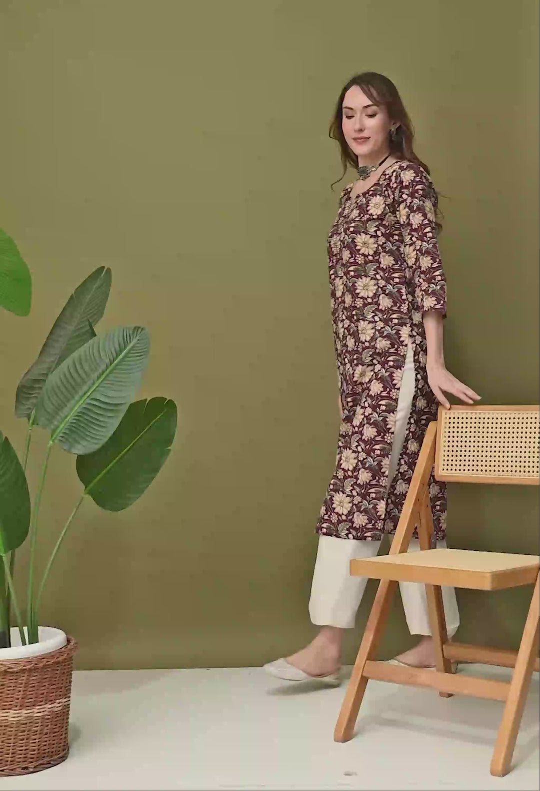 Wine Floral Print Thread Work Cotton kurta