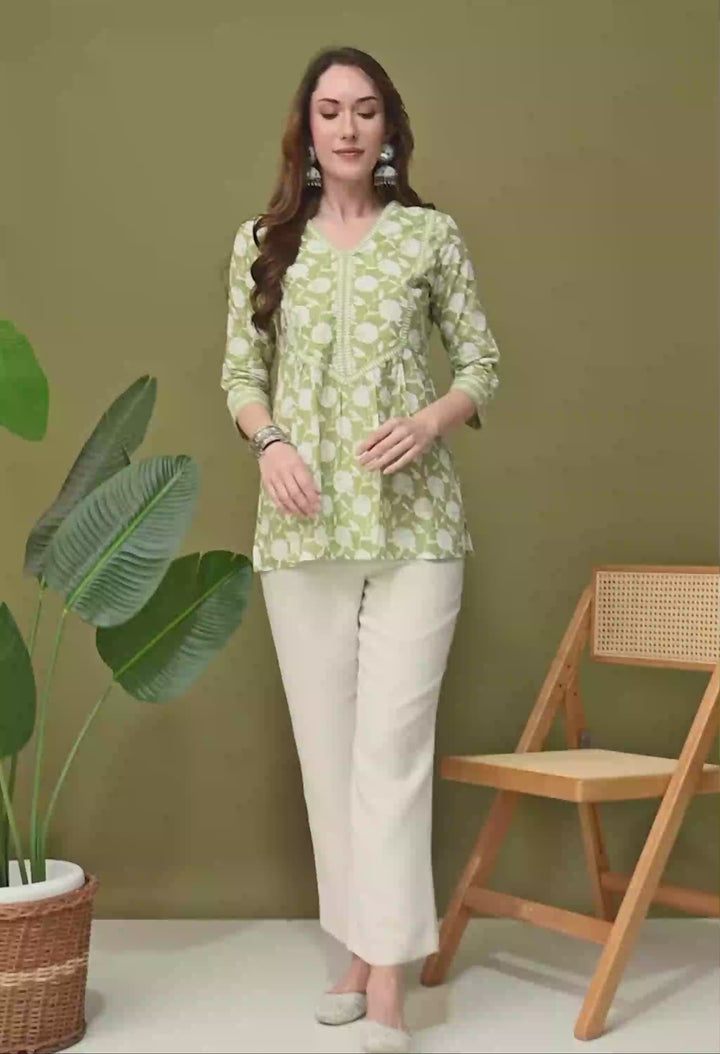 Green Floral Print A-Line Cotton Top
