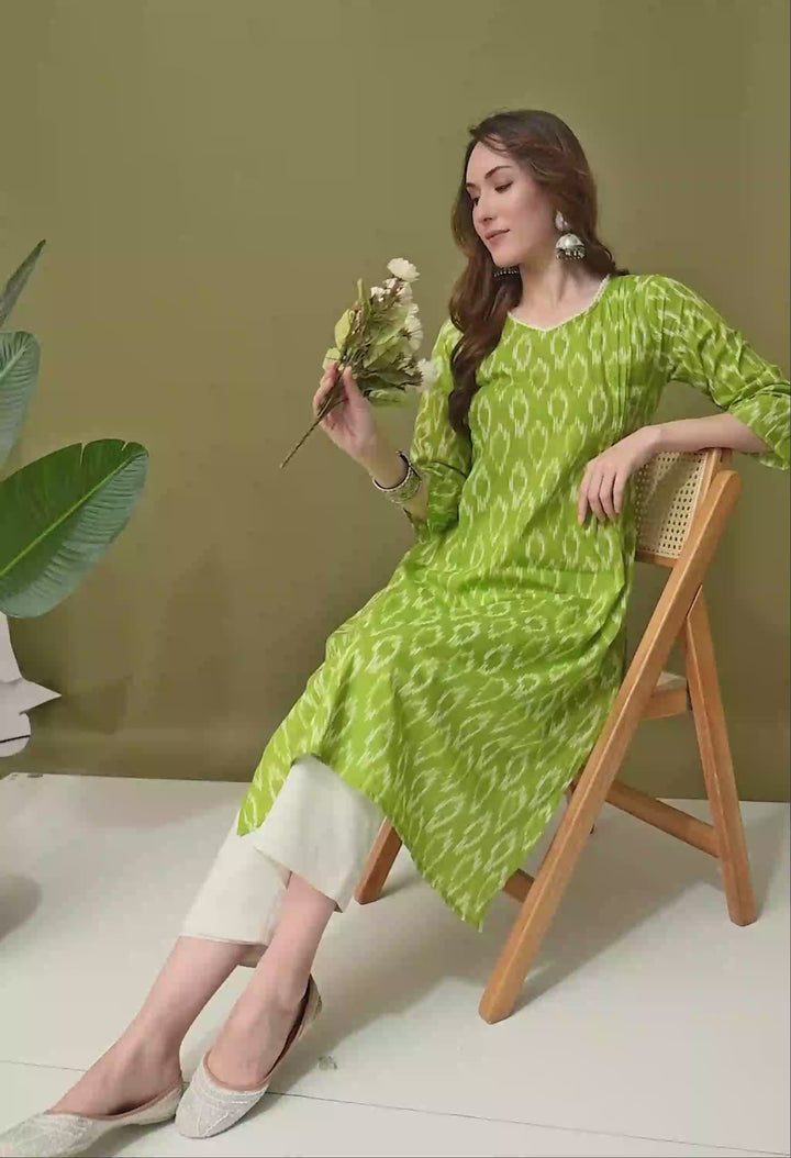 Green Ikkat Print Cotton Kurta