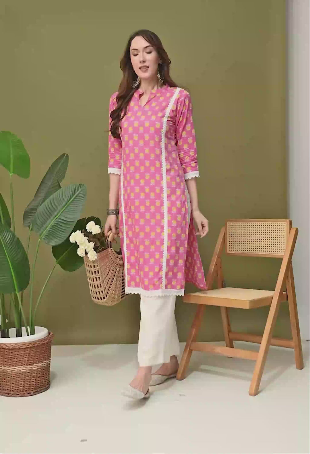 Pink Floral Print Cotton Straight Kurta