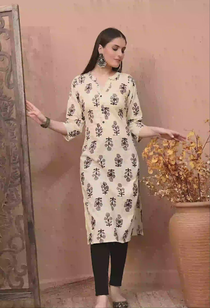 Beige Printed Cotton Kurta