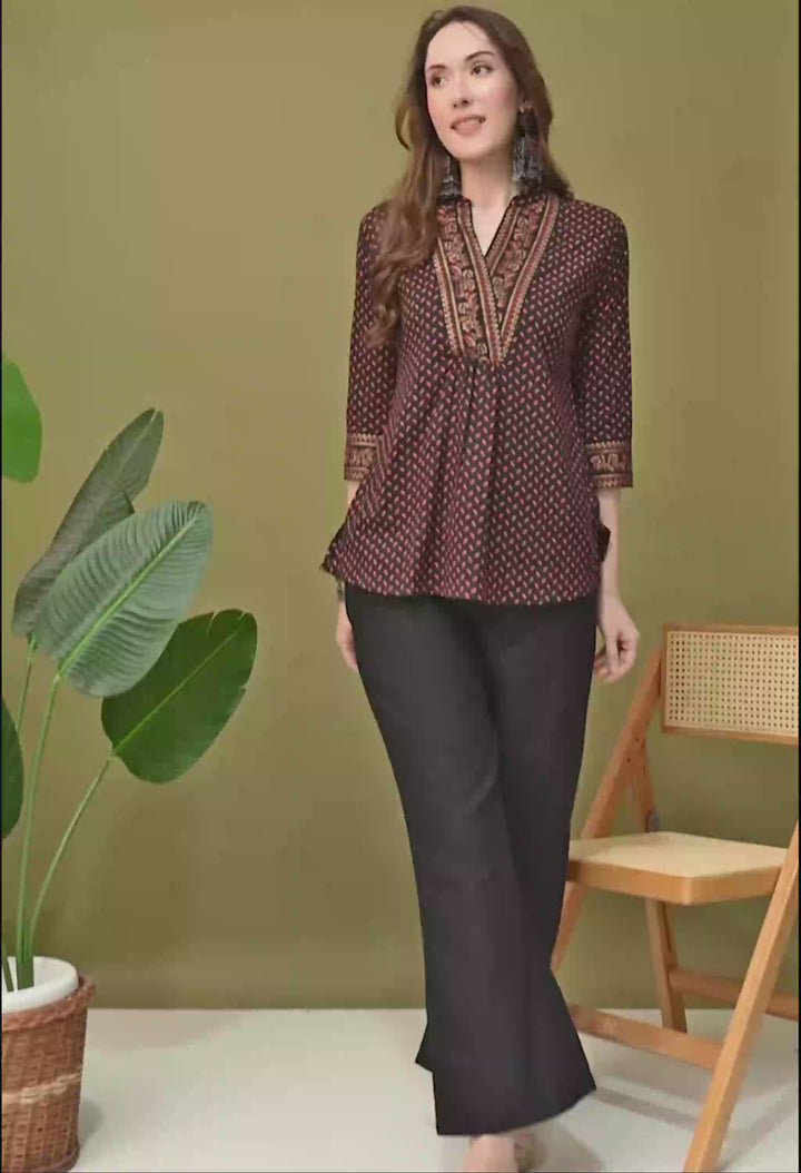 Black Printed V-Neck Cotton Top