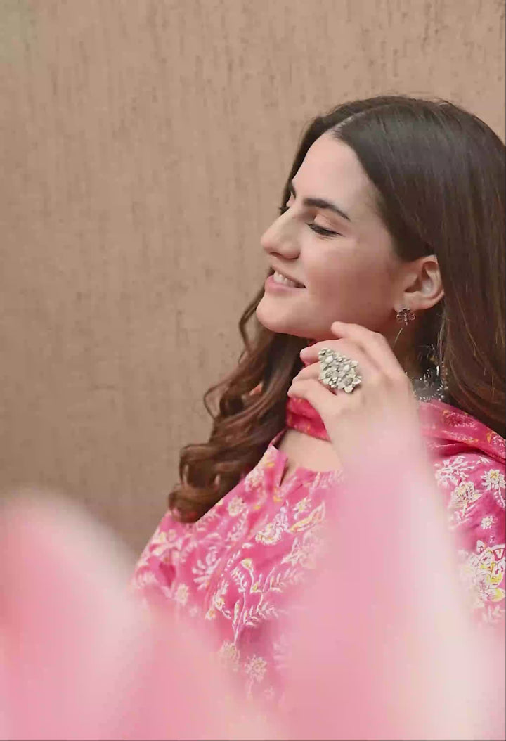 Pink Floral Round Neck Kurta Sets