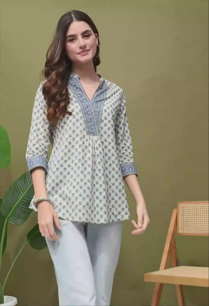 Blue Floral Print Cotton Top