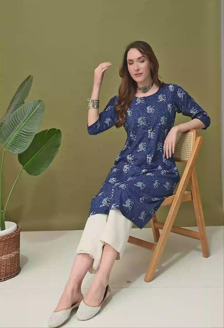 Blue Jaipuri Print Cotton Kurta