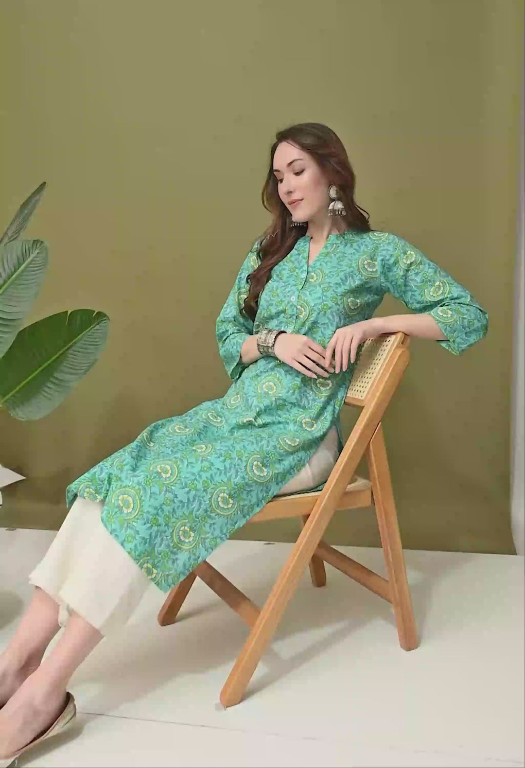 Green Prined Collared Neck Cotton kurta