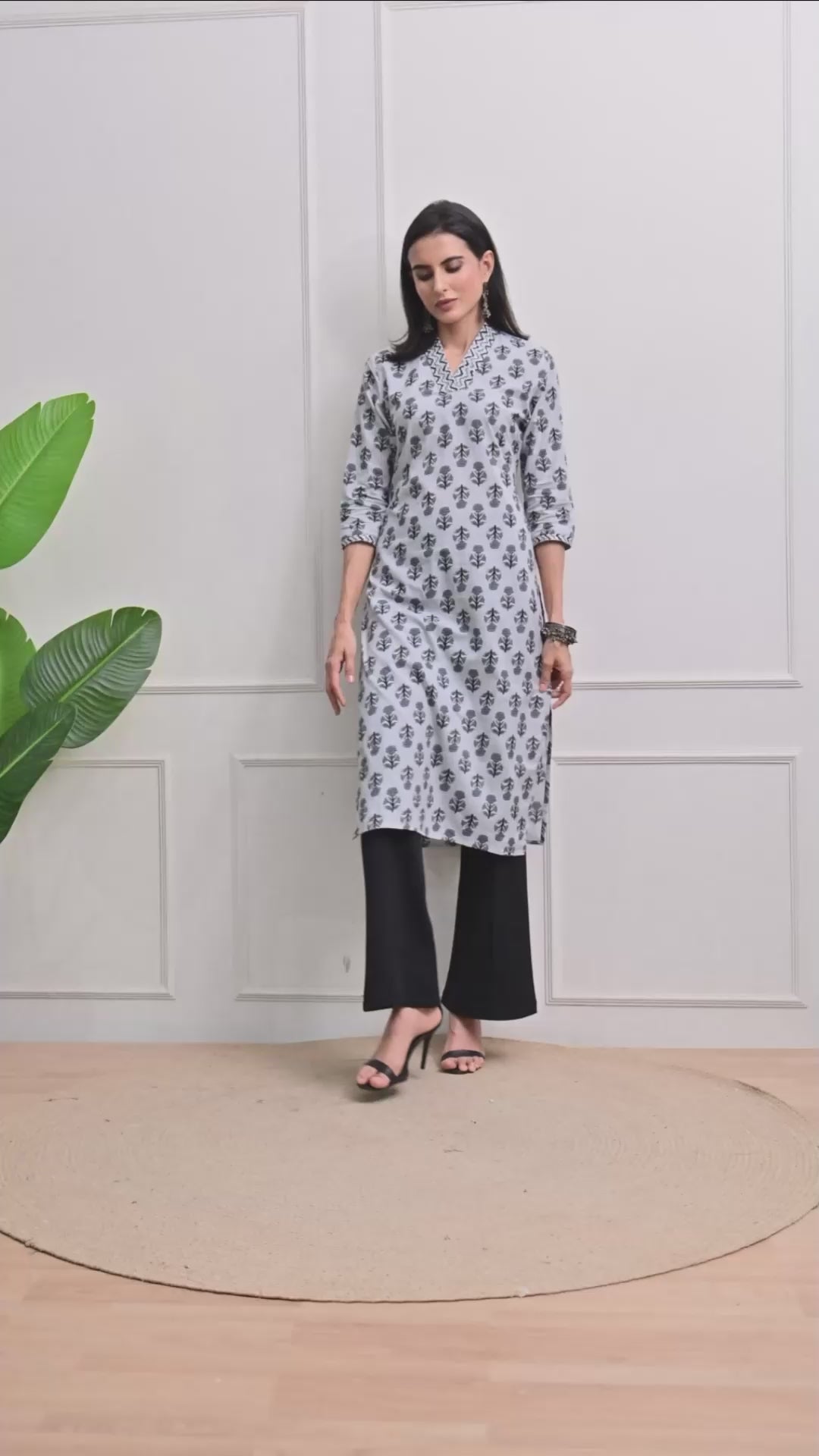 Grey Block Print Straight Cotton Kurta