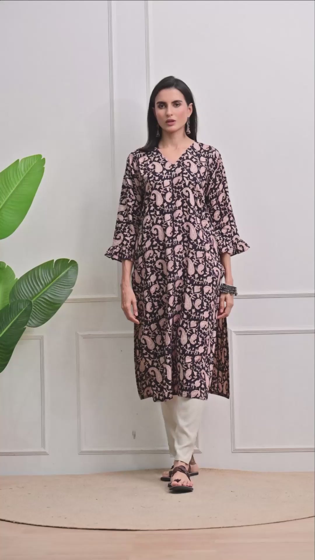 Black Block Print Floral Kurta