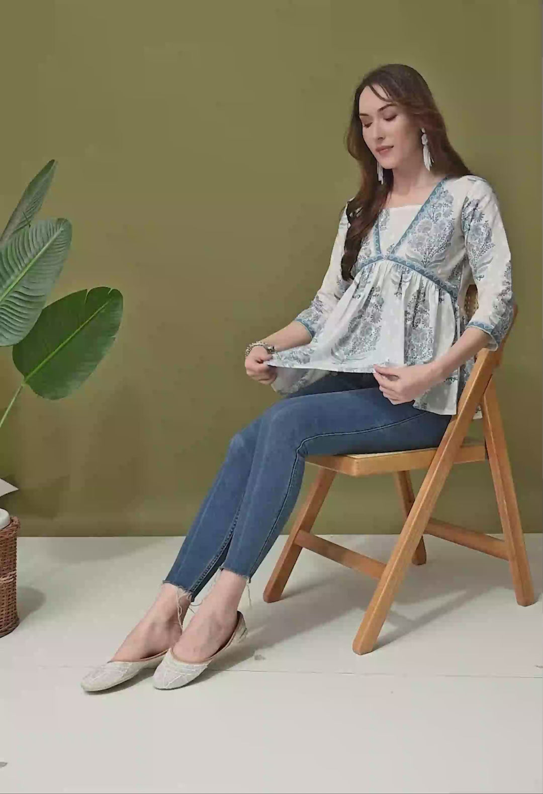 White Block Print Empire Top