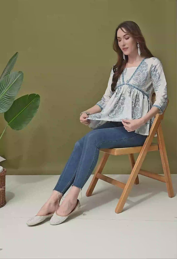 White Block Print Empire Top