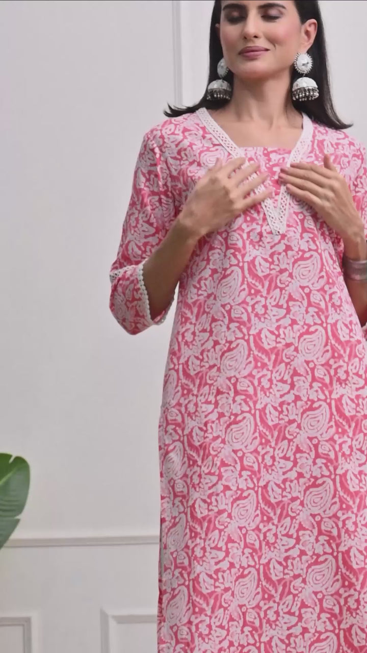 Pink Lace Work Printed Cotton Kurta
