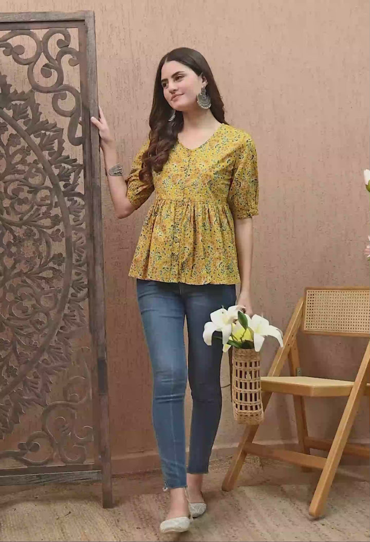 Yellow Floral Print Cotton top