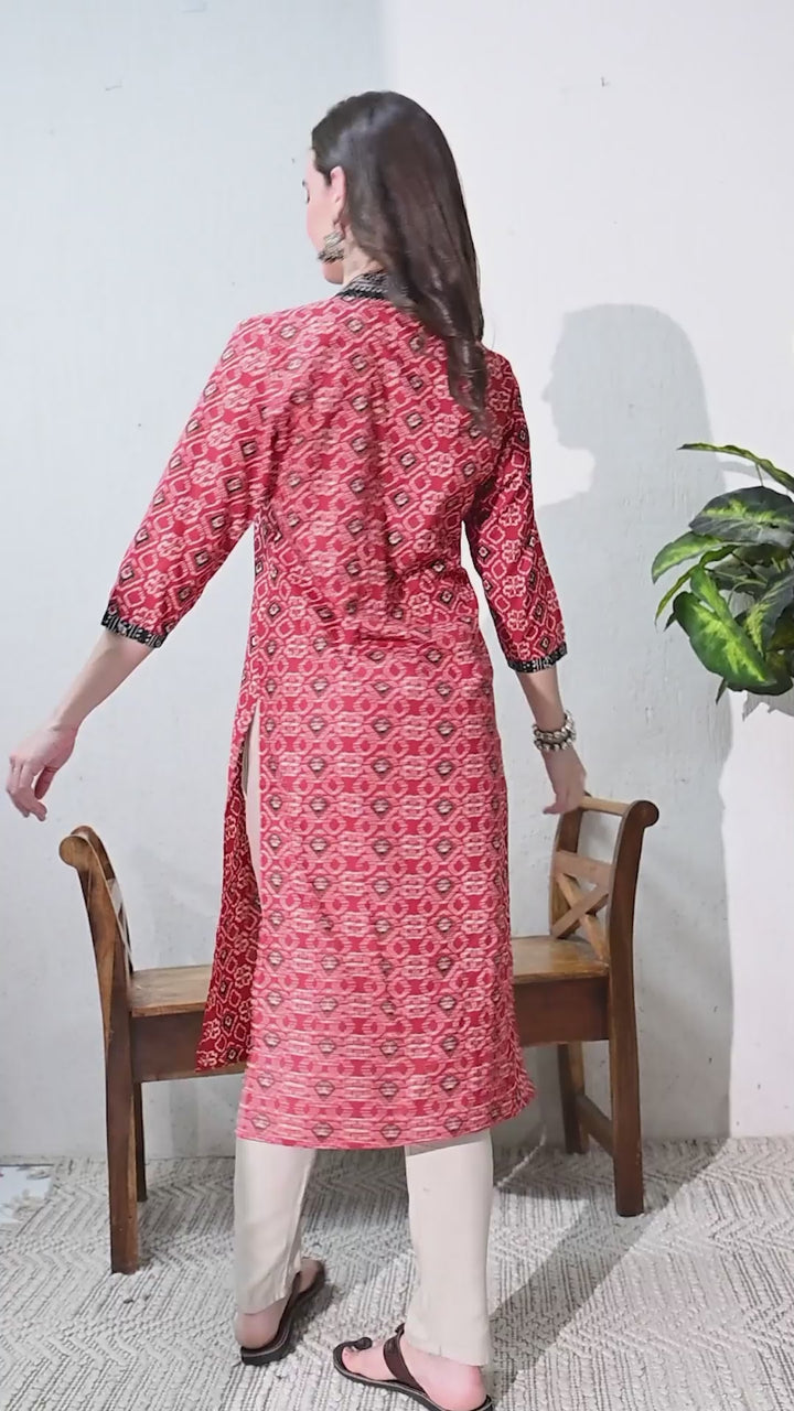 Maroon Printed Cotton Straight Kurta