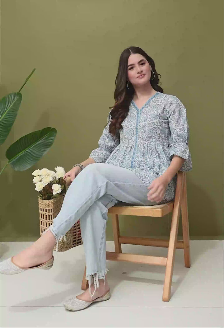 Blue Printed Flared Cotton top