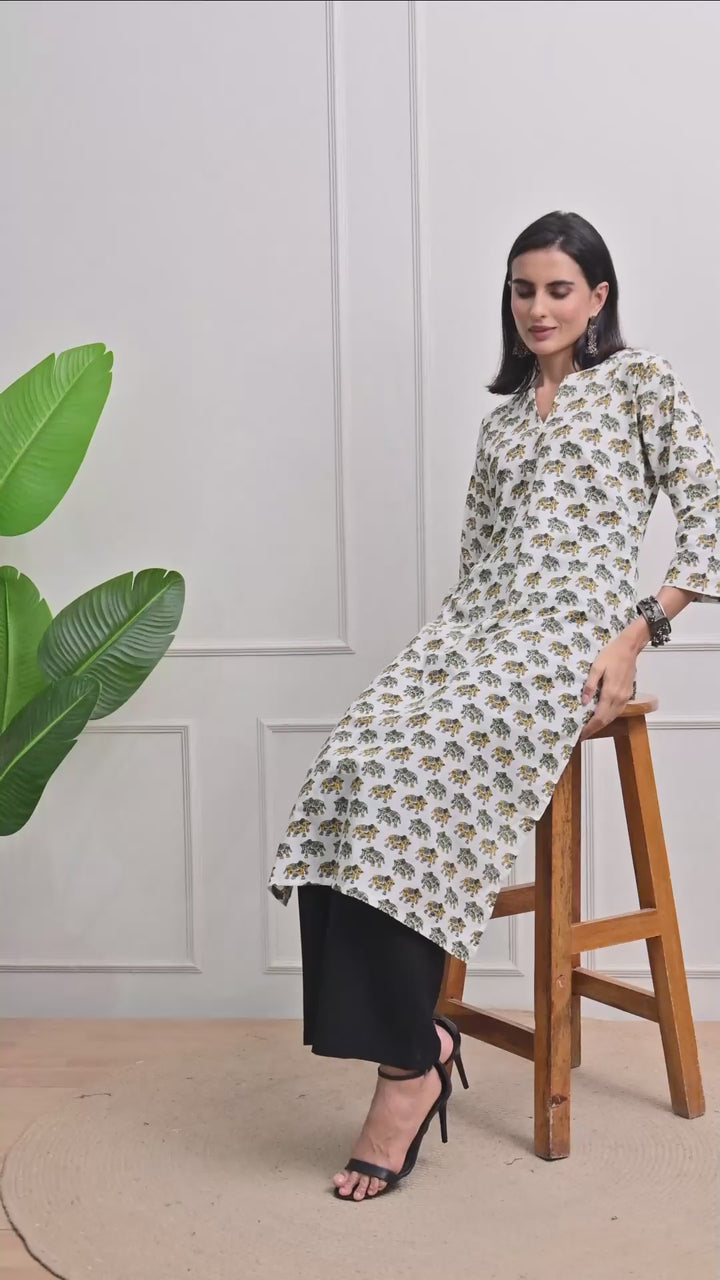 White Jaipuri print Cotton Kurta