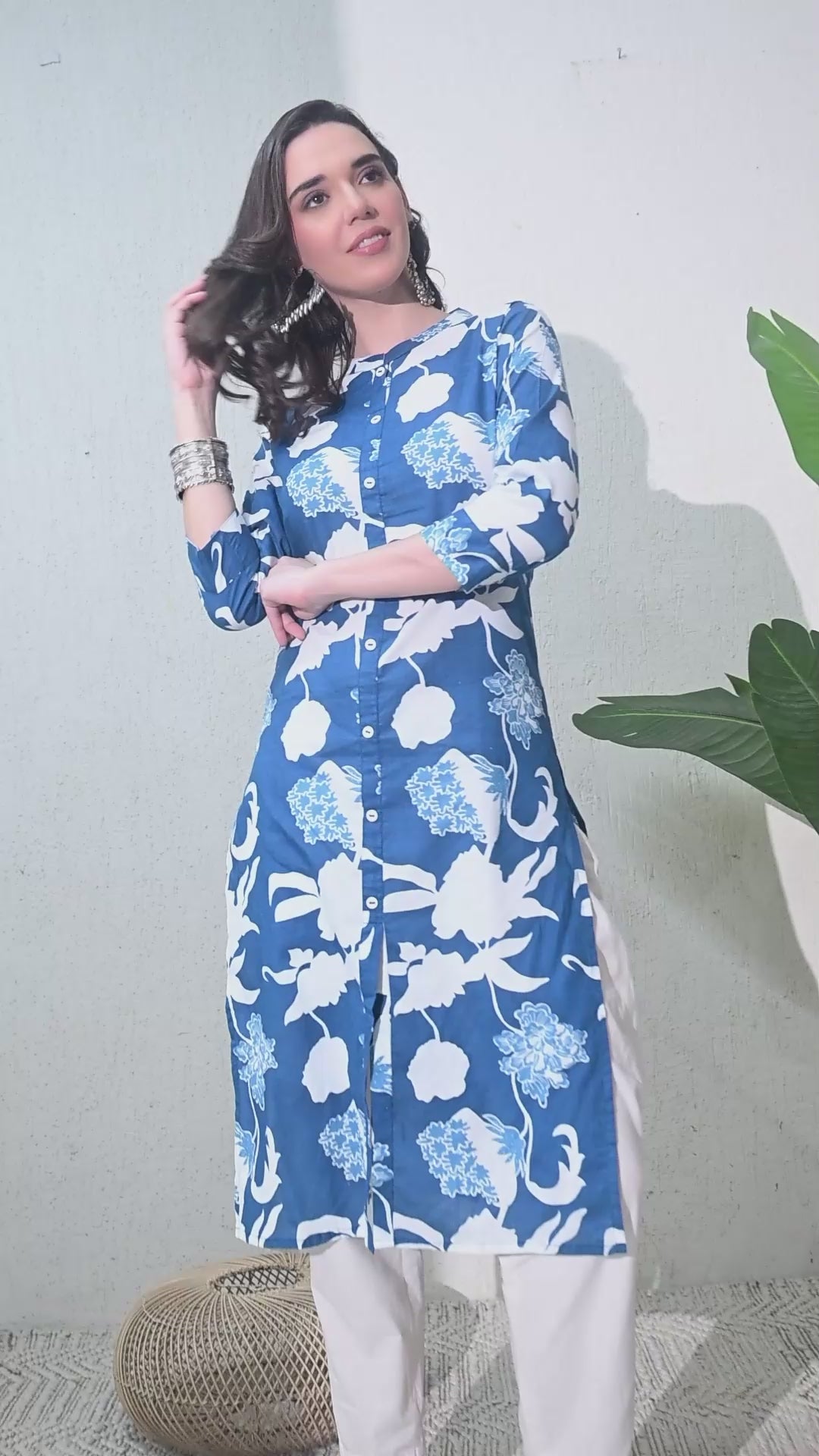 Blue Printed Cotton Front Slit Kurta